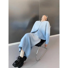 Women Two-piece Set of Retro Blue Gradient Sweater Top Knitted Half Skirt Small Fragrant Style Set - Trendy Mix