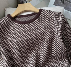 Vintage Women O Neck Knitted Two Piece Set Autumn Winter Striped Thick Long Sleeve Sweater + High Quality A Line Midi Skirt Suit - Trendy Mix
