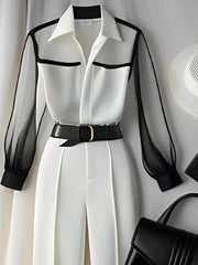 White Tailored Trousers Loose Pants Suit Womens Two Peice Sets Vintage Perspective Shirt Autumn Blouse Sleeve Korean Top - Trendy Mix