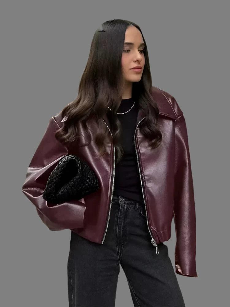 Faux Leather Lapel Jacket with Zipper - Trendy Mix