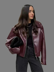 Faux Leather Lapel Jacket with Zipper - Trendy Mix