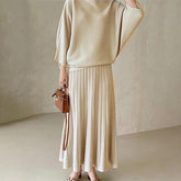 Korean Chic Elegant Casual Loose Knit Sets O Neck Batwing Sleeve Pullover Sweater +High Waist Pleated Skirt Women Suit 2024 Fall