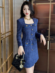 Elegant Retro Blue Tweed Mini Dress - Trendy Mix