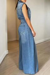 Wide Leg Jeans Loose Jumpsuit Sexy Women Turn Down Collar Elegant Denim Casual Romper Overalls - Trendy Mix