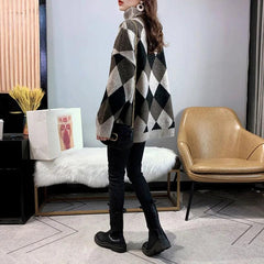 Women Sweater Turtleneck Long Batwing Sleeve Knitted Pullover Argyle Casual Loose Topwear Checkerboard Top Spring Clothing - Trendy Mix