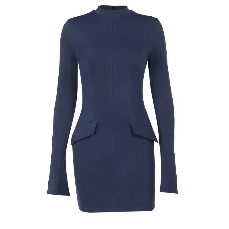 Spring-Autumn Bodycon Mini Dress with Pockets - Trendy Mix
