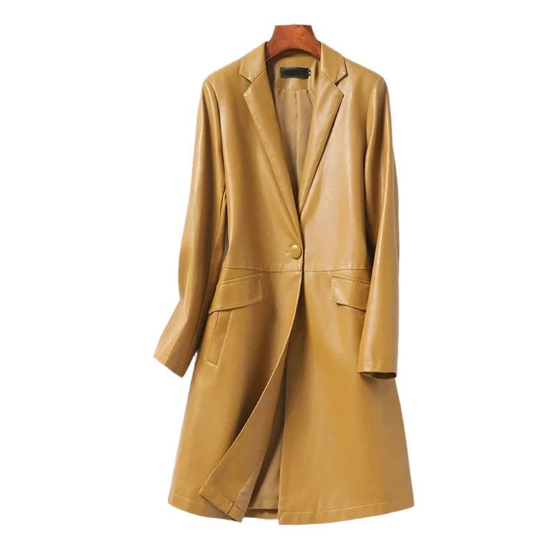 Real Leather Trench Coat Women Midi-length Sheepskin Outwear 2024 Fall Winter Blazer Collar Single Button Ladies Lambskin Trench - Trendy Mix