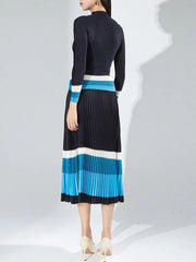 Women's Contrast Color Print Pleated Set Fashion Long Sleeves T-shirt High Waist A-line Skirt 2024 Autumn - Trendy Mix