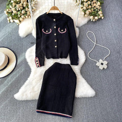 Women Autumn Fashion Suits Small Fragrance O-Neck Single Breasted Cardigan + High Waist Wrap Hip Skirts 2 Pieces Sets - Trendy Mix