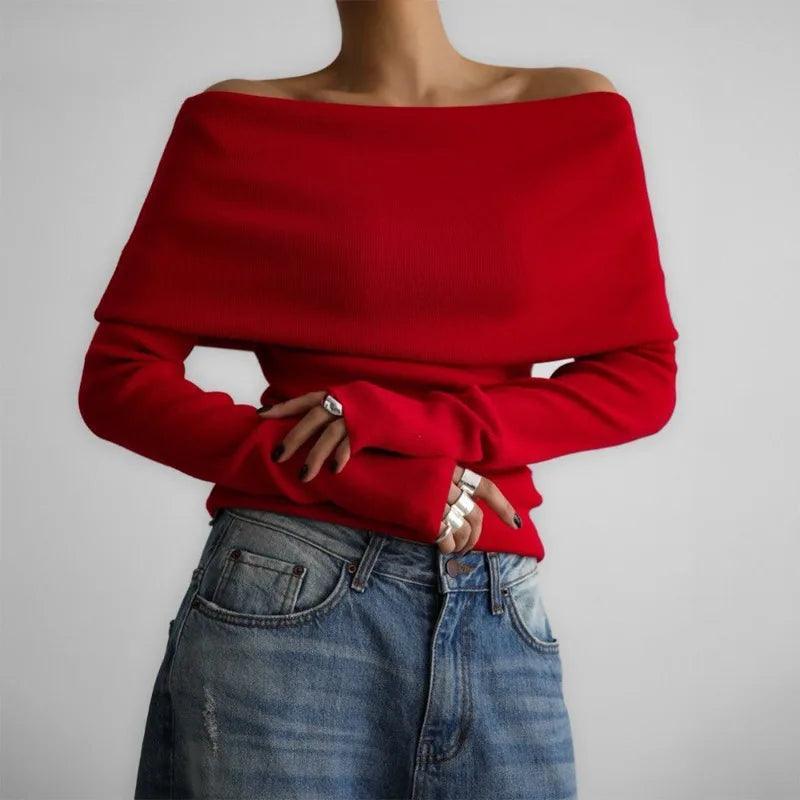 Off-Shoulder Knitted Sweater for Women - Trendy Mix
