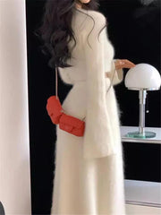 Women's White Woolen Two-Piece Skirt & Coat Set - Trendy Mix
