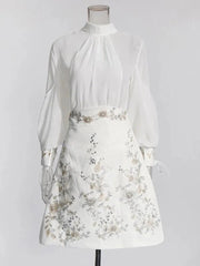 Elegant Two-Piece Set: Stand Collar Top & A-Line Skirt - Trendy Mix