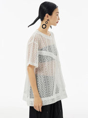 Women White Lace Perspecvtive Big Size Thin T-shirt New Round Neck Short Sleeve Fashion Tide Spring Summer 2024 - Trendy Mix