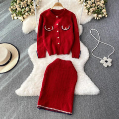 Women Autumn Fashion Suits Small Fragrance O-Neck Single Breasted Cardigan + High Waist Wrap Hip Skirts 2 Pieces Sets - Trendy Mix