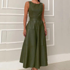 Sexy Ladies Sleeveless Slim Evening Dress Elegant Solid Color Zipper Pleated Dress O Neck Lace Up Waist Long Dress - Trendy Mix