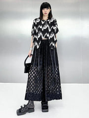 High Elastic Waist Black Hollow-Out Wide Leg Pants - Trendy Mix