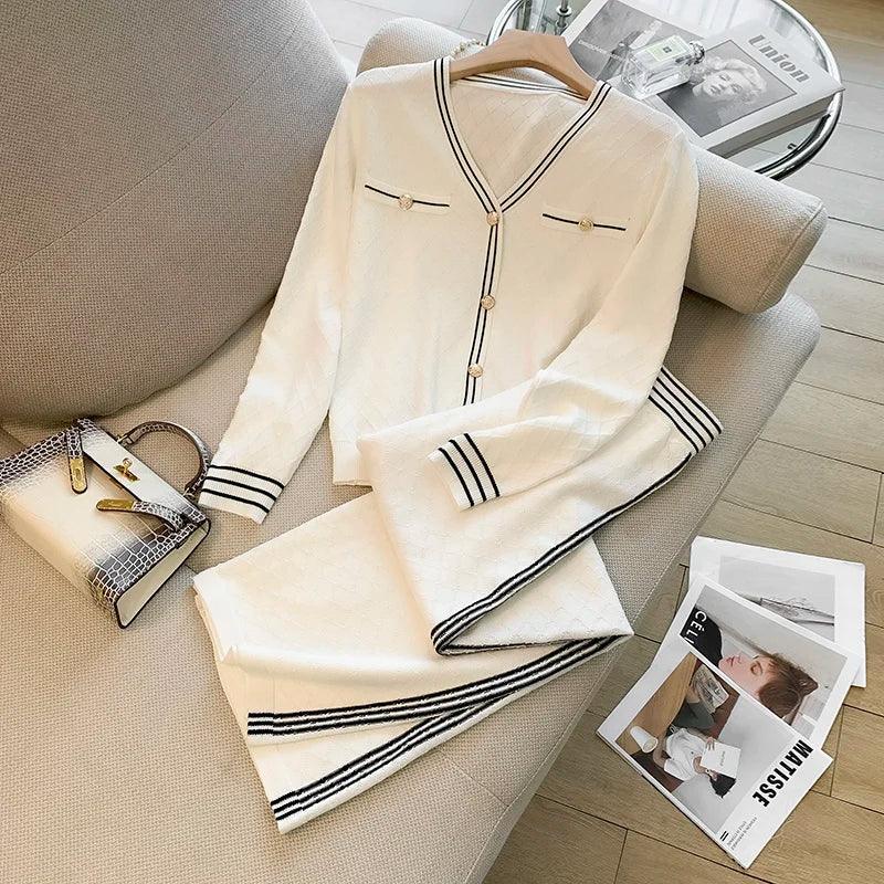 Women Knitted 2 Piece Suit Sweater cardigan Top And Pant Two Piece Set Matching Outfit Stripe Elegant Chic Winter Clothing - Trendy Mix