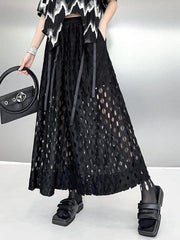 High Elastic Waist Black Hollow-Out Wide Leg Pants - Trendy Mix