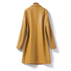 Real Leather Trench Coat Women Midi-length Sheepskin Outwear 2024 Fall Winter Blazer Collar Single Button Ladies Lambskin Trench - Trendy Mix