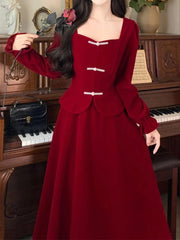 Autumn Elegance: Luxe Red Patchwork Maxi Dress - Trendy Mix