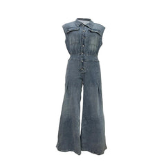Wide Leg Jeans Loose Jumpsuit Sexy Women Turn Down Collar Elegant Denim Casual Romper Overalls - Trendy Mix