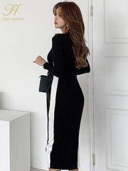 Winter Color Matching Office Pencil Elastic Knitted Dress Women Bottoming Sheath Dresses Work Bodycon Vestidos New - Trendy Mix