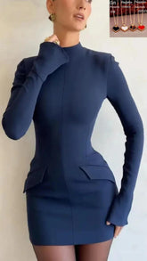 Spring-Autumn Bodycon Mini Dress with Pockets - Trendy Mix