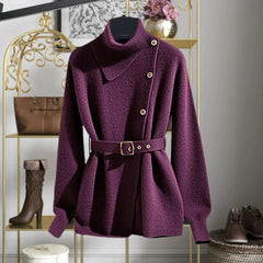 Design Turtleneck Wool Knit Sweater Women Autumn French Retro Purple Cashmere Pullover Luxury Slanted Button Knitwear - Trendy Mix