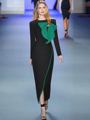 Round Neck Long Sleeved Bow Spliced Dresses For Women Mid Length Contrast Formal Dress Autumn Clothing - Trendy Mix