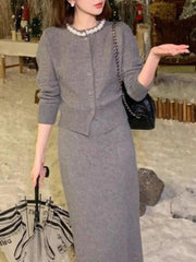Handmade Pearl Collar Knit Cardigan & A-Line Skirt Set - Trendy Mix