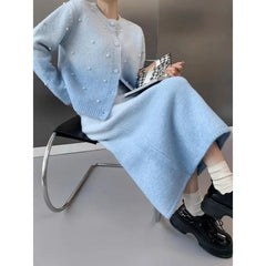 Women Two-piece Set of Retro Blue Gradient Sweater Top Knitted Half Skirt Small Fragrant Style Set - Trendy Mix