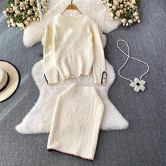 Women Autumn Fashion Suits Small Fragrance O-Neck Single Breasted Cardigan + High Waist Wrap Hip Skirts 2 Pieces Sets - Trendy Mix