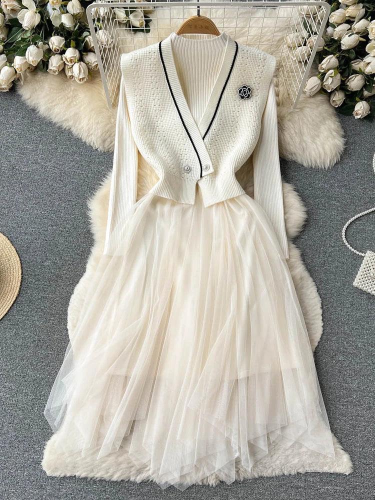 Chic V-Neck Sweater Vest & O-Neck Dress Set - Trendy Mix