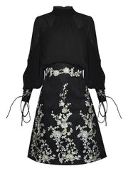 Elegant Two-Piece Set: Stand Collar Top & A-Line Skirt - Trendy Mix