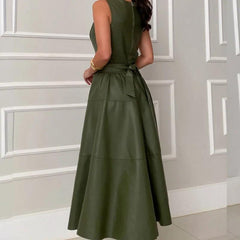 Sexy Ladies Sleeveless Slim Evening Dress Elegant Solid Color Zipper Pleated Dress O Neck Lace Up Waist Long Dress - Trendy Mix