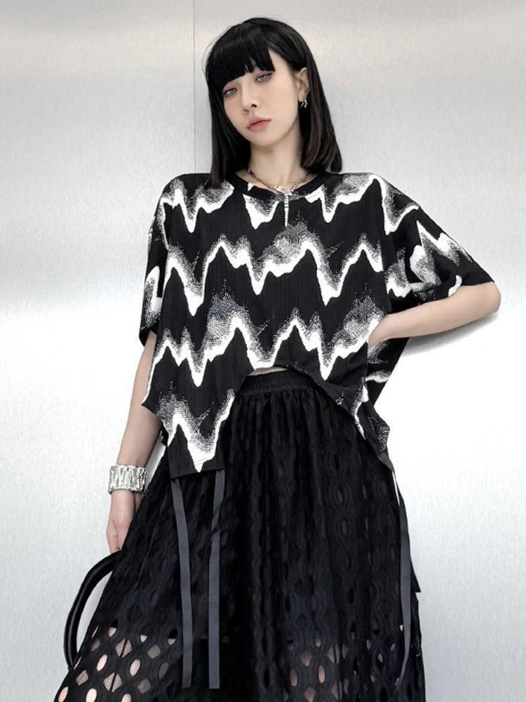 Women Black Pattern Printed Big Size Casual T-shirt New Round Neck Short Sleeve Fashion Tide Spring Summer 2024 - Trendy Mix