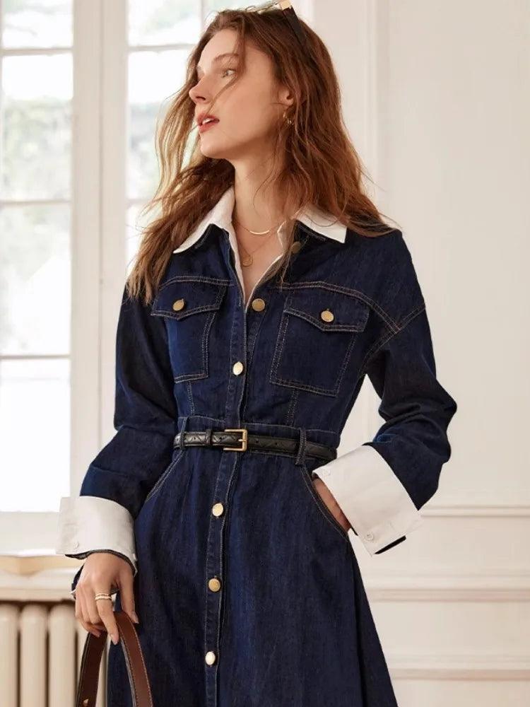 French Retro Blue Denim Lapel Dress - Trendy Mix