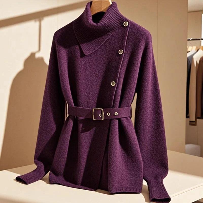 Design Turtleneck Wool Knit Sweater Women Autumn French Retro Purple Cashmere Pullover Luxury Slanted Button Knitwear - Trendy Mix