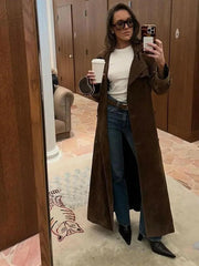 Women Khaki Faux Leather Long Coat With Belt Fashion Double-breasted Lapel Oversize Overcoat Autumn - Trendy Mix