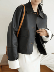 Vintage Luxe: Retro Short Leather Jacket with Chic Collar - Trendy Mix