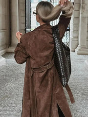 Women Khaki Faux Leather Long Coat With Belt Fashion Double-breasted Lapel Oversize Overcoat Autumn - Trendy Mix