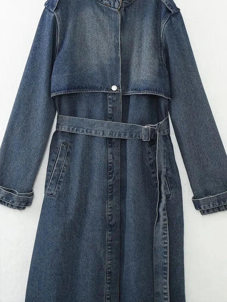 2024 Autumn Mid - length Denim Trench For Women Belt On Waist Loose Lapel Windbreaker Female New - Trendy Mix