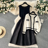 Chic Two-Piece Patchwork Coat & Dress - Trendy Mix