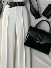 White Tailored Trousers Loose Pants Suit Womens Two Peice Sets Vintage Perspective Shirt Autumn Blouse Sleeve Korean Top - Trendy Mix