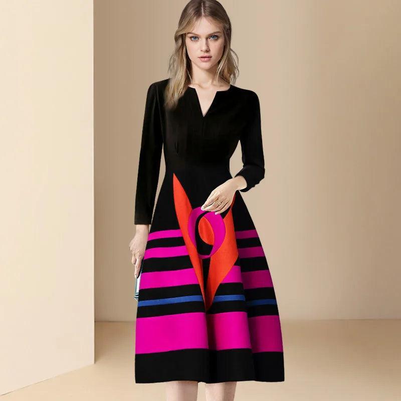 Office Ladies Striped Geometric Printed Midi Party Dress 2024 Spring Autumn Elegant Black V-neck Slim Evening Dresses for Women - Trendy Mix