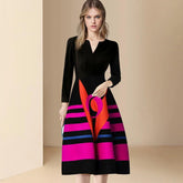 Office Ladies Striped Geometric Printed Midi Party Dress 2024 Spring Autumn Elegant Black V-neck Slim Evening Dresses for Women - Trendy Mix