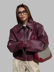 Faux Leather Lapel Jacket with Zipper - Trendy Mix