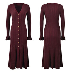 V-Neck Knit Slim Long Dress - Trendy Mix
