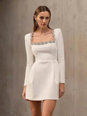 2024 Women's White Square Neck A-Line Mini Dress - Trendy Mix