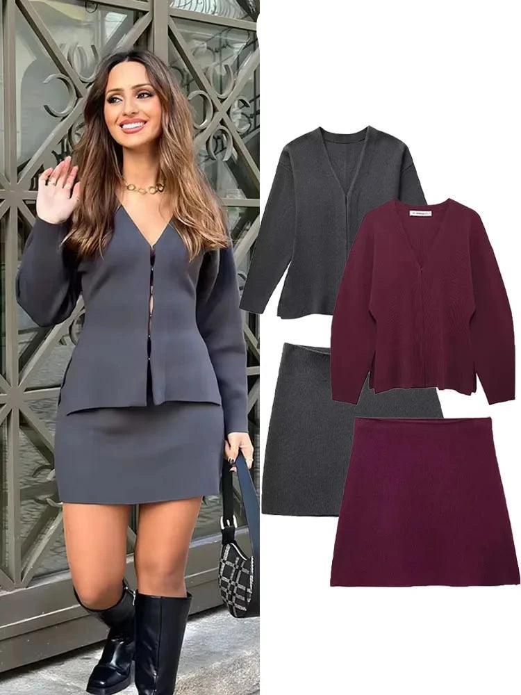 V-Neck Cardigan & High-Waist Mini Skirt Set - Trendy Mix